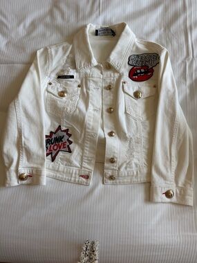Philipp Plein White Jacket with Red Crystal Lip Patch